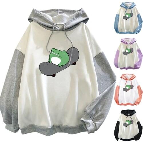 Womens Cute Hooded Tops Print Stitching Plus Velvet Long-Sleeve Sweatshirt Top Ladies Hoodie Skateboard Print Sweater Top