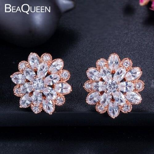 BeaQueen Fashion CZ Crystal Flower Stud Earrings Oval Cubic Zirconia Setting Rose Gold Color Lovely Jewelry for Women E133