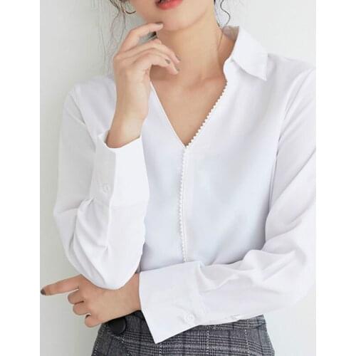 Mulheres tops e blusas 2019 tops para mulheres camisas de manga longa Com Decote Em V sOlida fEmea branca blusas mujer