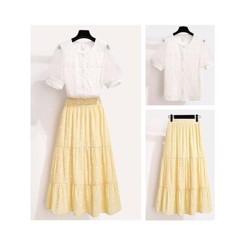 2021 New Women Summer Two Pieces Suits Lady Sweety Short Sleeve Embroidery Lace Shirt Tops+Long Dot Skirt Sets