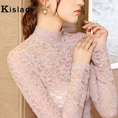 2020 Spring Womens Transparent Lace Tops Long Sleeve Halt Turtleneck Floral Embroidery Sexy Blouse Plus Size Fashion OL Shirt