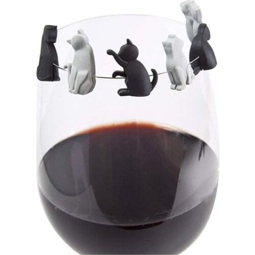 6pcs Cat Shape Party Wine Glass Marker Charms Silicone Wine Cup Mark Drinking Buddy Cup Identification Cat Lover Bar Accessorie