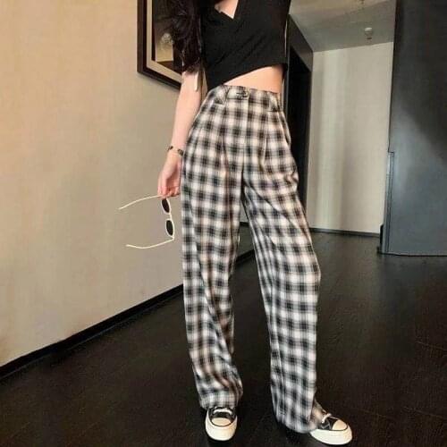 Women Pants Black And White Plaid Pants Womens Spring And Autumn Summer High Waist Loose Straight Pantalones De Mujer