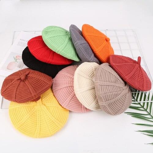 Ins Wind Beret Pure Stripe Core Spun Yarn Childrens Hat Autumn Winter Warm Knitting Hat Wool Fashion Hat