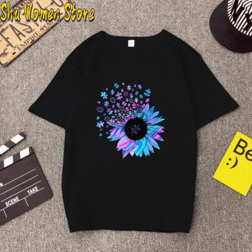 Purple Puzzle Dandelion Print Funny Women T-shirt Round Neck Short Sleeve Casual Loose Summer Tee Femme Shirt for Women Clothes