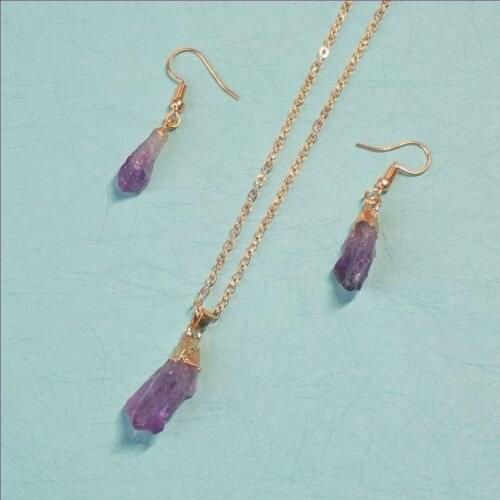 FYJS Unique Light Yellow Gold Color Irregular Shape Natural Amethysts Stone Pendant Necklace Drop Earrings Jewelry Sets