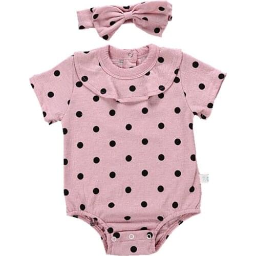 Newborn Girls Pink Dot Romper One Piece Short Sleeve Ruffle Collar Jumpsuit Baby Girl Onesies Set Short Tops with Bow Hairband