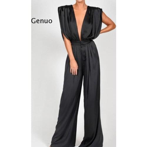 Deep V Neck Sleeveless Sexy Jumpsuit Luxury Silk Satin Solid Flare Pant Romper Elegant Outfit Party Wear Women Jumpsuit