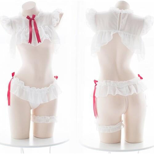 Japanese Women Chiffon Ruffles Tops Underwear Shorts Leg Ring Kawaii Lingerie Set Anime Student Girls Cosplay Costumes
