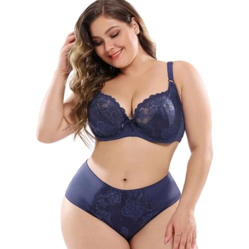 Floral Lace Women Bra Set Plus Size Female Lingeries Full Cup Unlined Bra and Panty Set Ultra Thin Panty 6 Colors C D DD E F