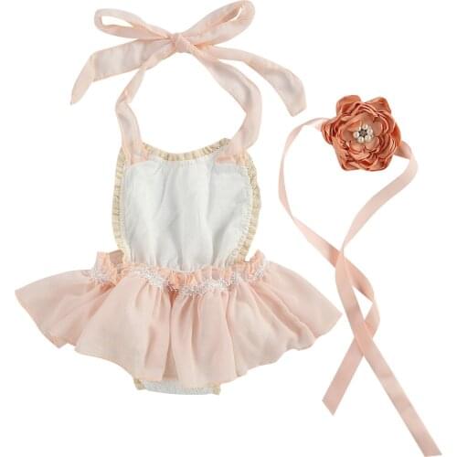 Baby Girls Summer Outfits, Lace Pattern Tutu Skirt Halter Romper with Floral Headband Set