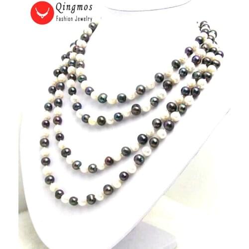 Qingmos Fashion Natural Freshwater White and Black Pearl Necklace for Woman with 6-7mm Round Pearl 80" Long Necklace Jewelry