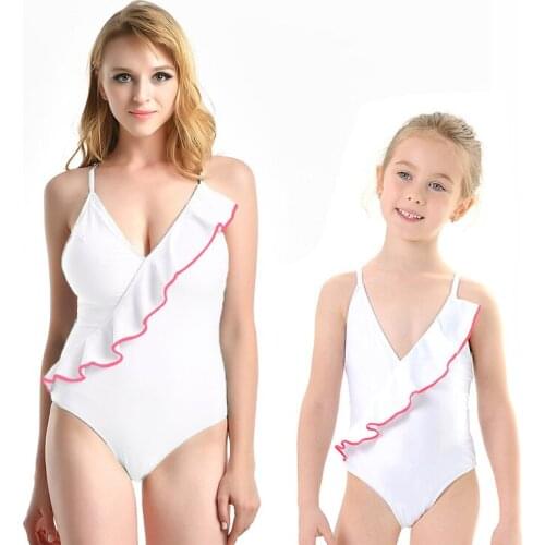 Family Matching Mother Girl One Piece Monokini Swimwear Cute Solid Bikini V Neck Backcross Bathing Suits For Mom & Daughter