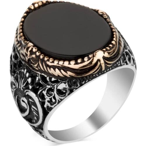 Plain Model Oval Black Onyx Ring Arabic Letter Vav Style Ring Solid 925 Sterling Silver Handcarved Islamic Men Jewelery