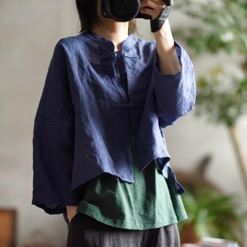 Johnature 2021 Spring New Fashion Stand Ramie Shirt Leisure Retro Long Sleeve Buckle All-match Women Tops Placket Shirt