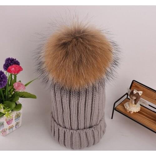 Autumn Winter Beanies Hat knitted Skullies Real Raccoon Big Fur Pom poms Pompom Casual Cap For Women Kids Removable Snaps