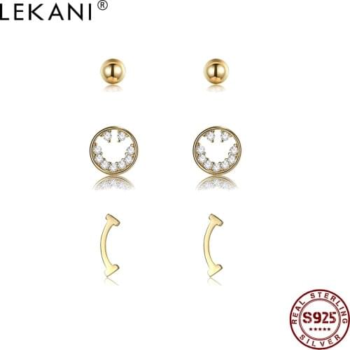 LEKANI Sterling Silver 925 Jewelry Devious Letter I & Round Bead Clear CZ Smiley Earrings Sets For Women Golden Stud Earring