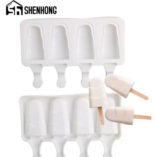 SHENHONG Silicone Popsicle Moulds 4 Cavity Ice Cream Molds Ice Cube Tray Summer Freezer Juice Jelly Make Tools and 50 Pcs Sticks