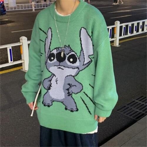 Disney Mens Hoodies Cartoon Stitch Loose Oversize Hooded Sweatshirt Men Autumn Winter Long Sleeve Knit Pullover Male Casual Top