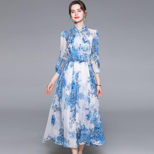 European womens wear 2021 new neck tie printing five-point sleeve dress high-end floral French British style super long