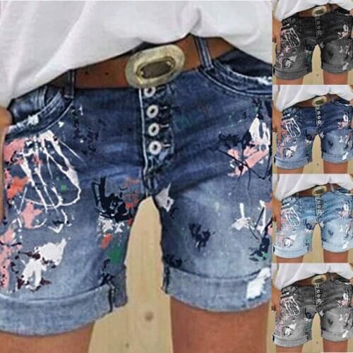 Summer Hot Sale Street Style Womens Jeans Casual Pocket Shorts Wash Printing High Waist Fashion Graffiti Button Jeans