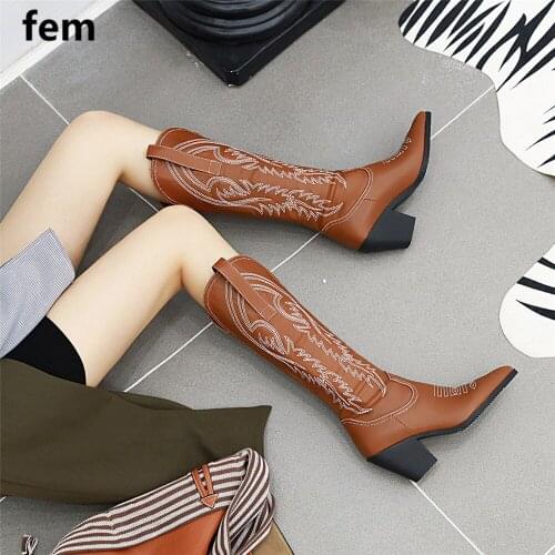 FEMRetro Style Women Knee High Boots Chunky Motorcycle Boots For Women High Heels Pointed Toe Slip On Riding Boots Winter Boots