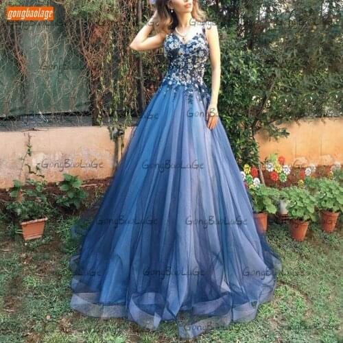 Elegant Royal Blue Prom Dress Long 2020 robes de bal Lace Appliqued Tulle A Line Women Formal Dresses Party vestidos de fiesta