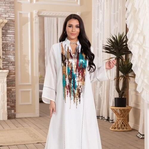 Plus Size Glitter Sequin Party Dress Women Elegant Moroccan Caftan Evening Long Dress Arabic Casual White Abaya Dress Duabi 2021