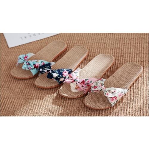 2020 Women Summer Straw Beach Slippers Plus Shoes Female Bowknot Flax Linen Flip Flops Beach Shoes Sandals Slippers