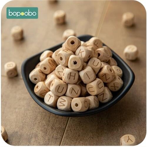 Bopoobo 12mm 20pc Square Shape Chew Beech Letter Wooden Beads DIY Teething Jewelry Baby Nursing Beads Alphabe Baby Teether