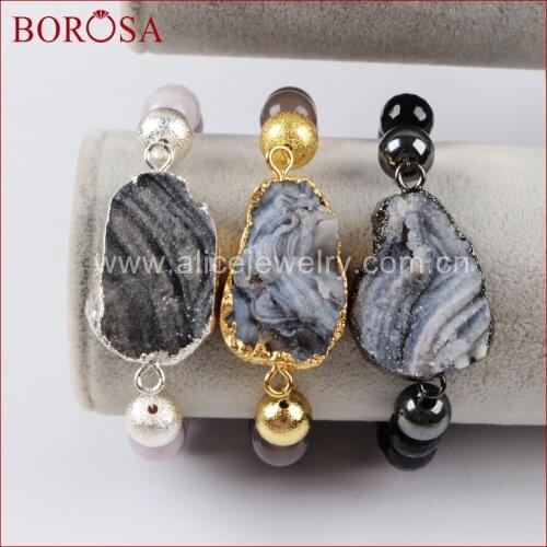 BOROSA New Gold Color Galaxy Quartz Titanium Chalcedony With 10mm Grey Crystal Druzy Beads Bracelet for Women G1325 S1325 B1325