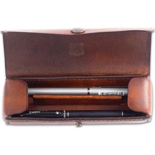 Classic genuine cowhide Leather Pen Bag Pencil Pouch 2-slot vintage retro Leather Pen Case For Travel School office supplies