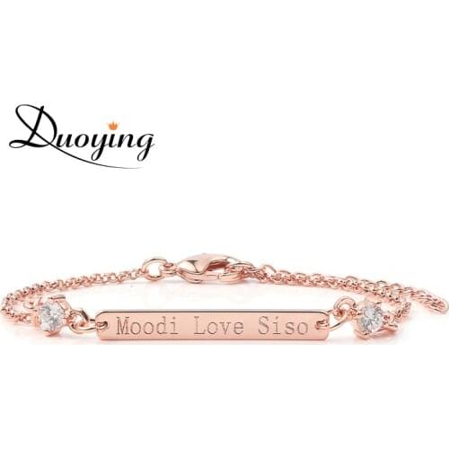 DUOYING Rose Gold Color 30*4 mm Bar Bracelet with Crystal Personalized Custom Engraved Name Bracelets Jewelry Gift for Women