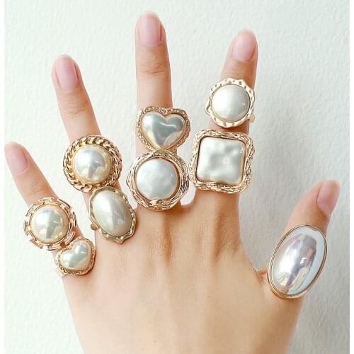KOMi 1Pcs Imitation Pearl Inlaid Ring Geometric Oval Heart Shaped Ring Opening Adjustable Ring Jewelry Party Lady Decoration