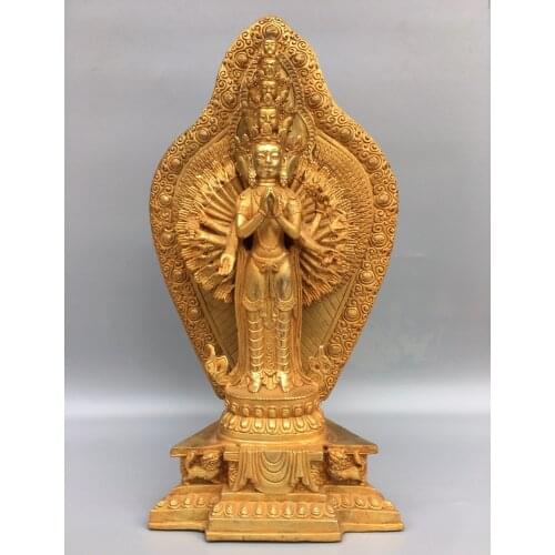 17"Chinese temple collection Old Bronze Gilt Thousand heads Thousand Hands Guanyin Bodhisattva Standing Buddha Enshrine