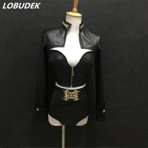 PU Leather black female suit JAZZ HIP HOP costumes Christmas nightclub singer DJ DS Stage performance sets party teams show wear