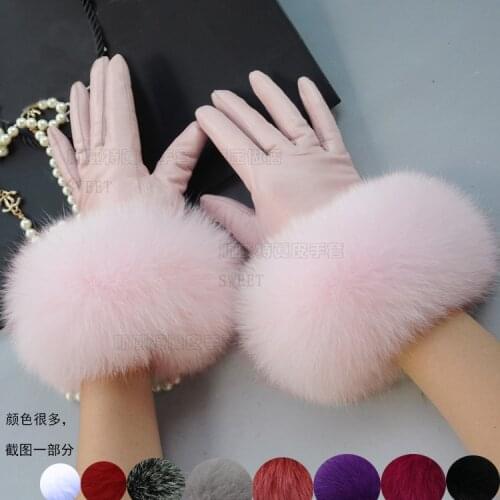 Leather Gloves Large Fox Fur Gloves Winter Pink Lady Sheep Fur Gloves Big Mouth