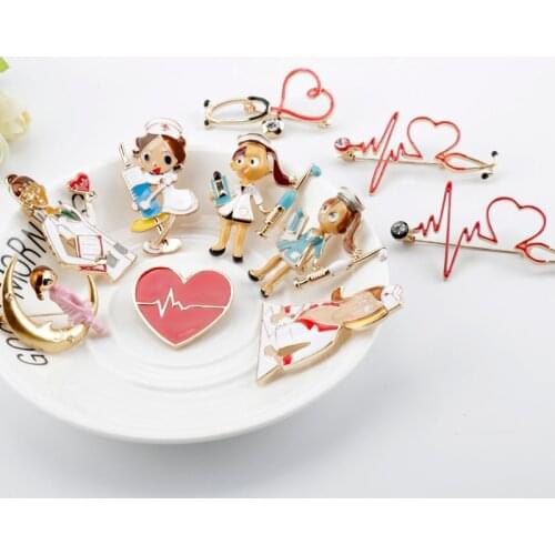 Medical Brooch enamel pins Doctor Nurse Stethoscope syringe Heartbeat Shape Brooches Denim Scarf Lapel pin Button Badges Gift