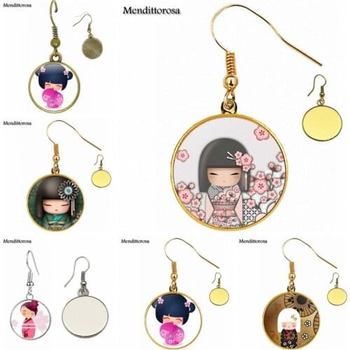 Cute Japanese Kokeshi Doll Glass Cabochon Maxi Bronze/Silver/Golden Clip Ear Hook Drop Earrings Jewelry For Men Women Gift
