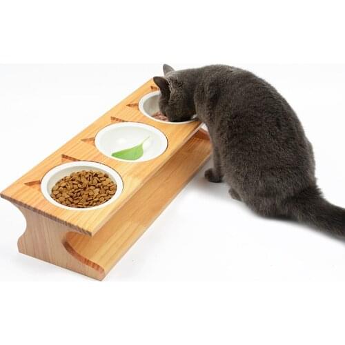 Pet bowl cat dog bowl ceramic three bowls cant solid wood table