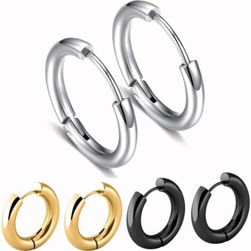 Trendy silver color Rose Gold Black Tone Stainless Steel Hoop Earrings Round Loop Earring For Women 12mm/14mm/16mm