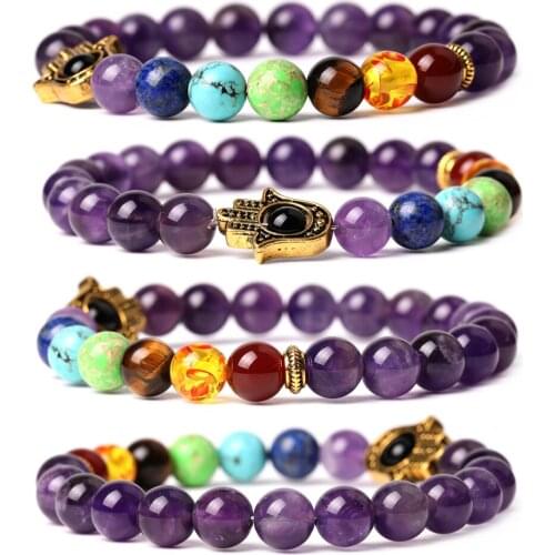 Fashion 8mm Stone Beads Black Spectrolite Matte Onyx Tiger Eye 7 Chakra Bracelets Hamsa Hand Bracelet Women Men Jewelry