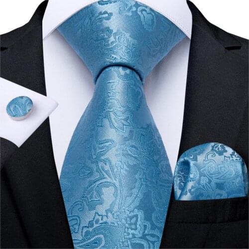 Fashion Paisley Tie For Men Light Blue Silk Wedding Tie Hanky Cufflink Gift Tie Set DiBanGu Novelty Design Business Party MJ7334