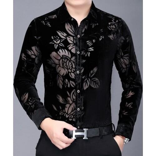 2020 Velvet Long Sleeve Camisa Chemise Homme Men Shirt High Quality See Through Flower Shirts Men Business Casual Office Shirt