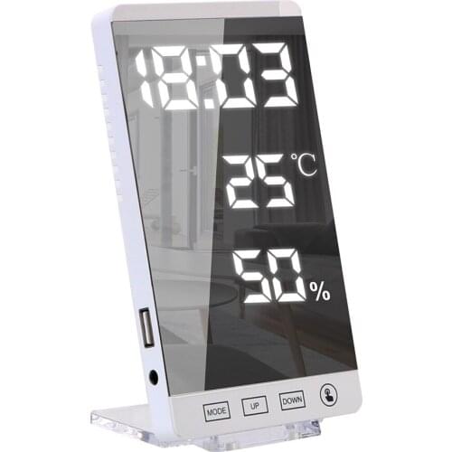 USB Output Port Table Clock LED Mirror Alarm Clock Touch Button Wall Digital Clock 6 Inch Time Temperature Humidity Display