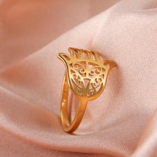Skyrim Stainless Steel Hamesh Hamsa Hand Rings for Women Girls Gold Color Ring Jewelry Birthday Anniversary Gifts Wholesale 2021