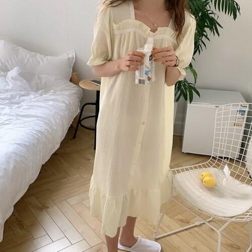 Square Collar Summer Nightgown Women Korean Loose Casual Cotton Long Sleepwear Bow Collar Single Breasted Homewear Short Sleeve
