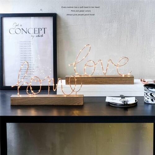 Ins LOVE HOME English Alphabet LED Night Light Home Bedroom Decorative Ornaments Wrought Iron Letter Wooden Atmosphere Lamp