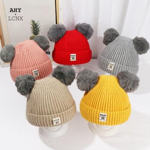 2021 Brand New Newborn Baby Kids Girls Boys Winter Warm Knit Hat Furry Balls Pompom Solid Warm Cute Lovely Beanie Cap Gifts