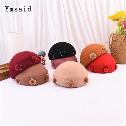 2020 New Fashion Dinner Party Stewardess Women Beret Flower Fedoras 100% Wool Felt Wedding Hat Autumn Winter CHurch Cap